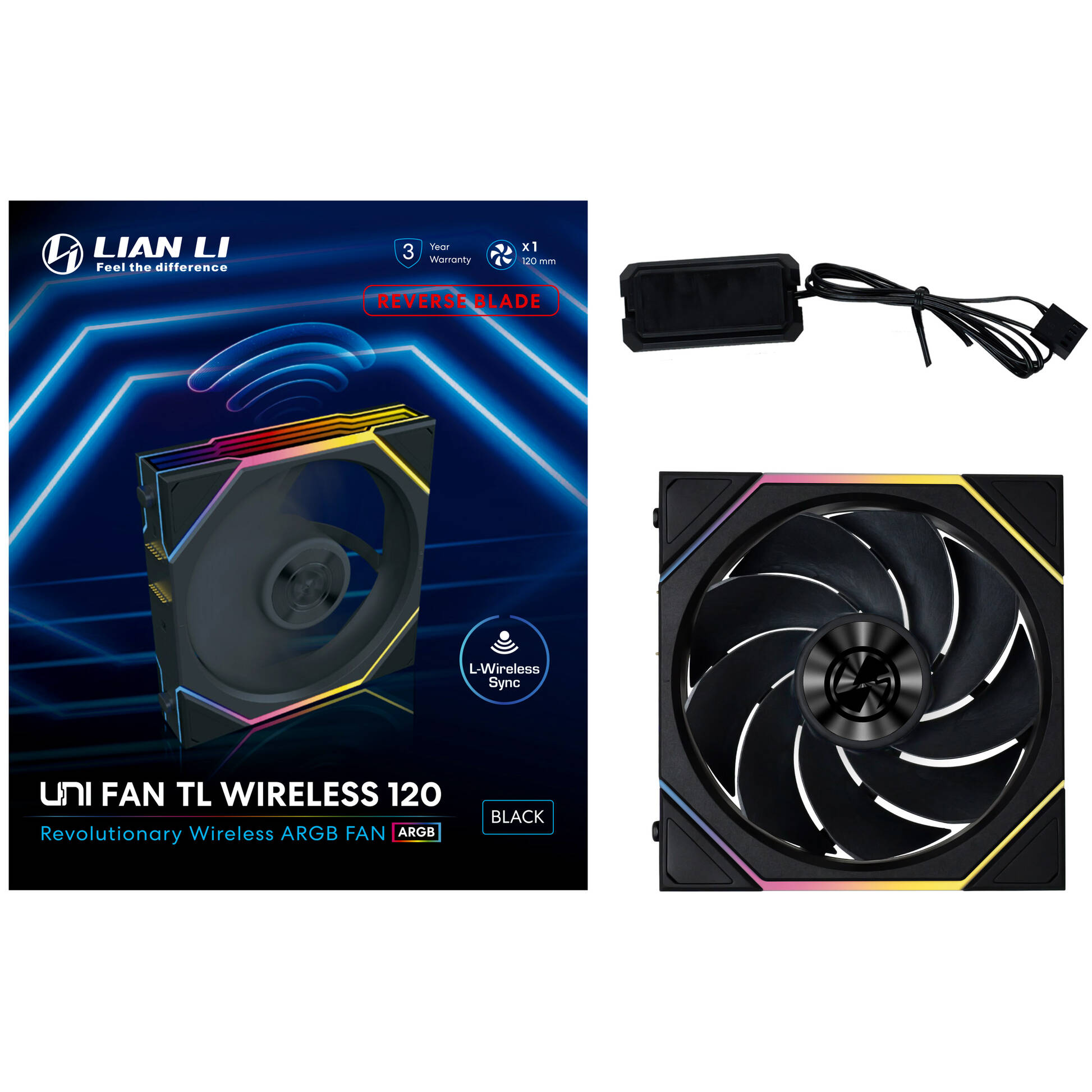 Lian Li UNI FAN TL Kablosuz Fan, ARGB, PWM - Ters Bıçak, 120mm, siyah - Görsel 3