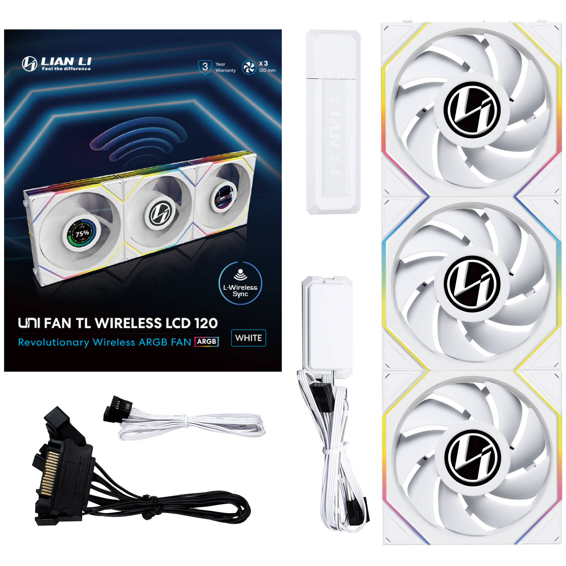 Lian Li UNI FAN TL Kablosuz Fan, ARGB, PWM, 3-Pack - 120mm Beyaz - Görsel 4