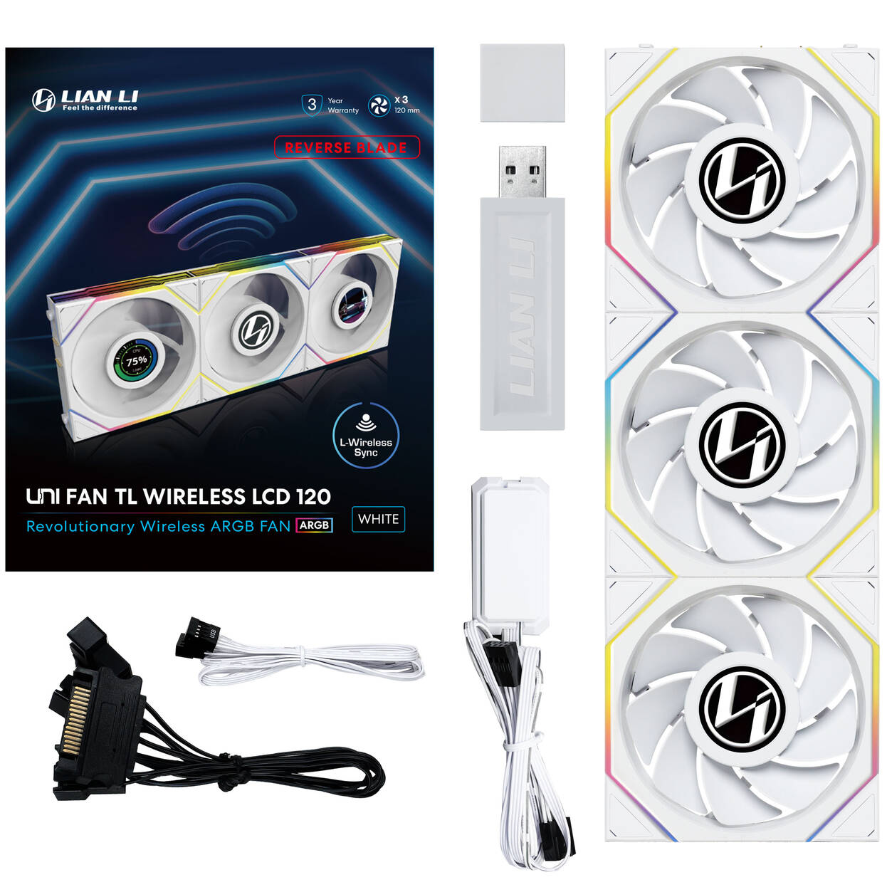Lian Li UNI FAN TL Kablosuz LCD Fan, ARGB, PWM, 3-Pack Kontrol Cihazı dahil - REVERSE, 120 mm, beyaz - Görsel 5